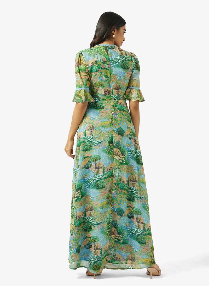 Hope & Ivy Frill Sleeve Thigh Split Open Back Maxi Dress With Lace Trim